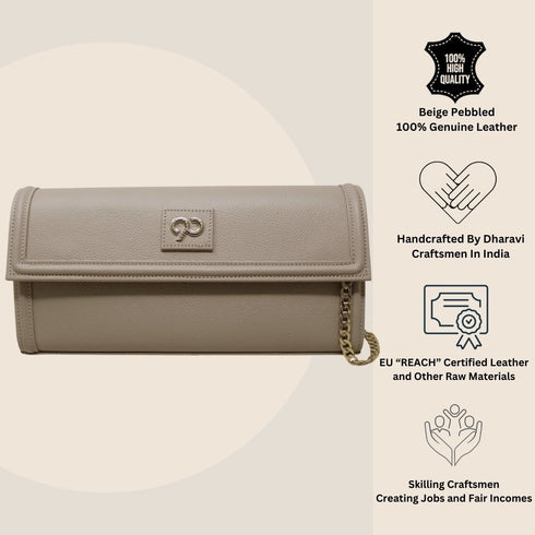 90 Feet Kaya Clutch Bag in Premium Genuine Leather (Beige)